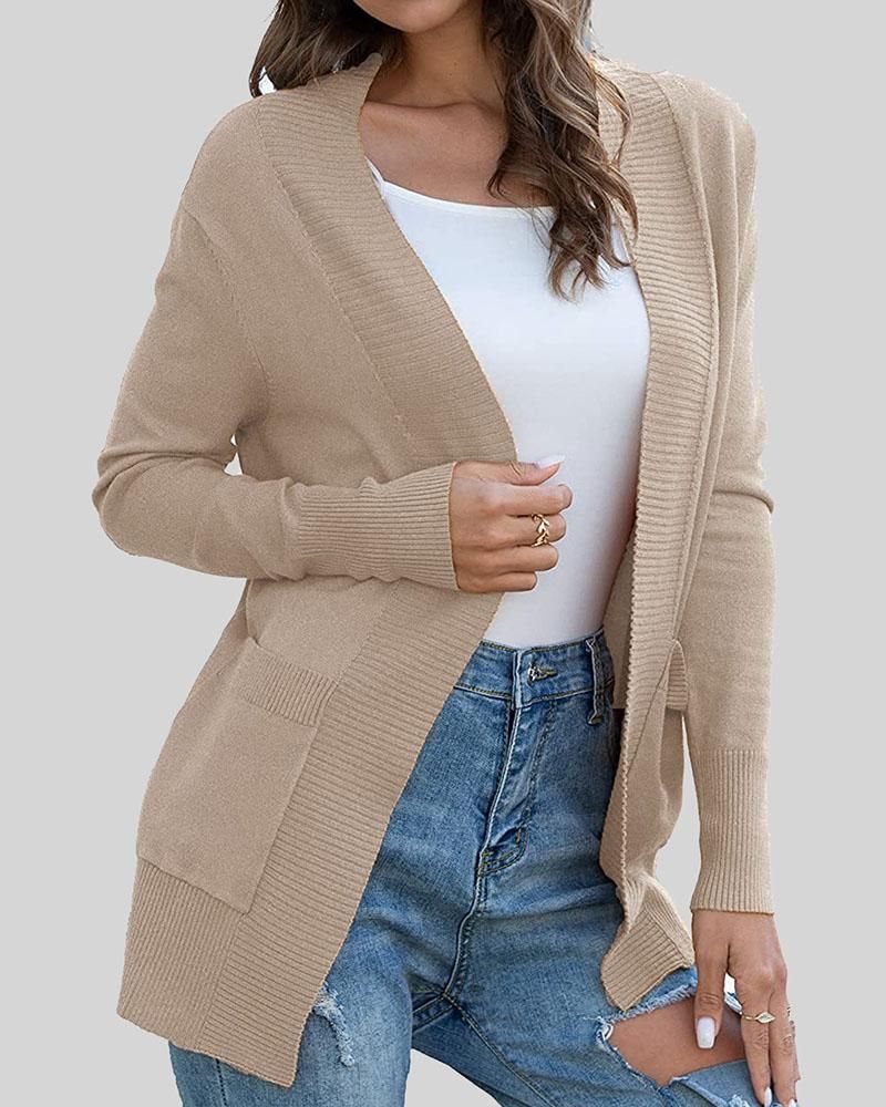 Flamingo Solid Ribbed Pocket Detail Open Front Cardigan