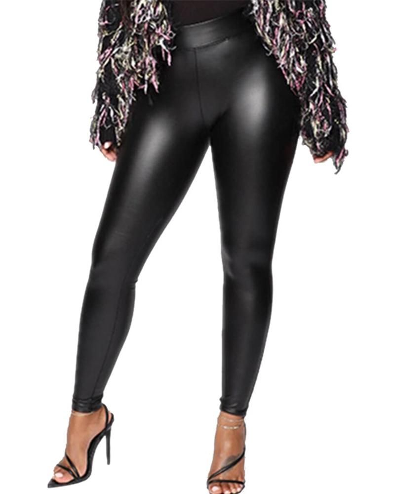 Solid PU Leather High Waist Skinny Pants gallery 1