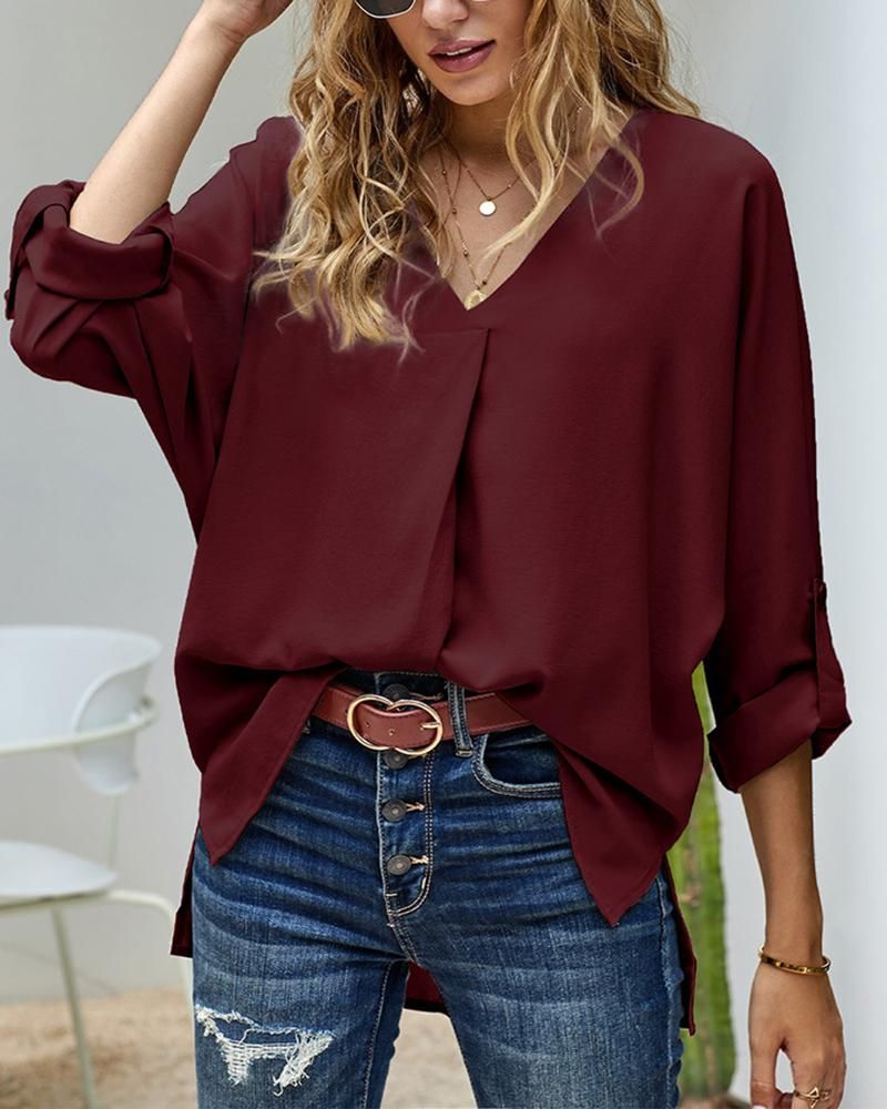 Solid Chiffon Roll Tab Sleeve Blouse gallery 1