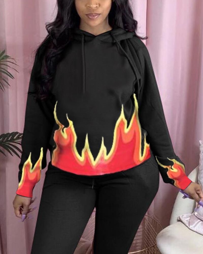 Fire Pattern Print Thermal Lined Drawstring Hoodie gallery 1