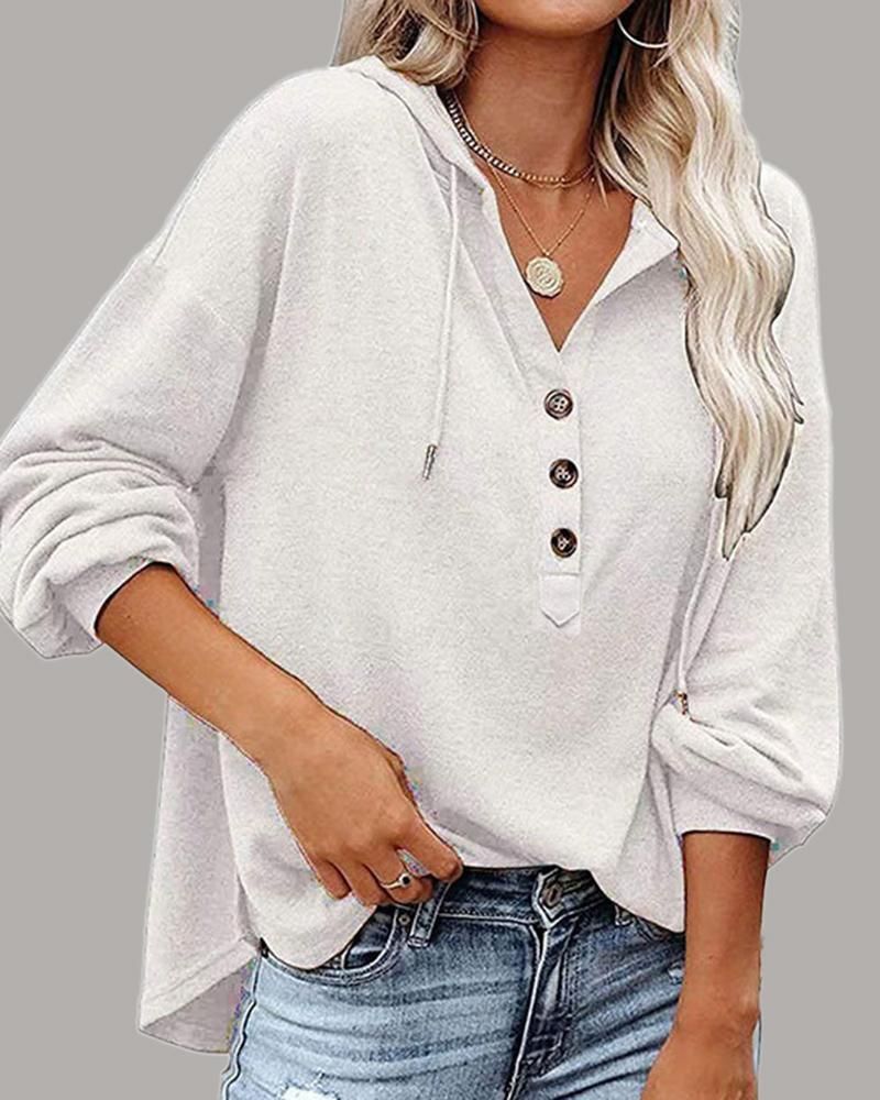 Solid Button Up Drawstring Detail Hoodie gallery 1