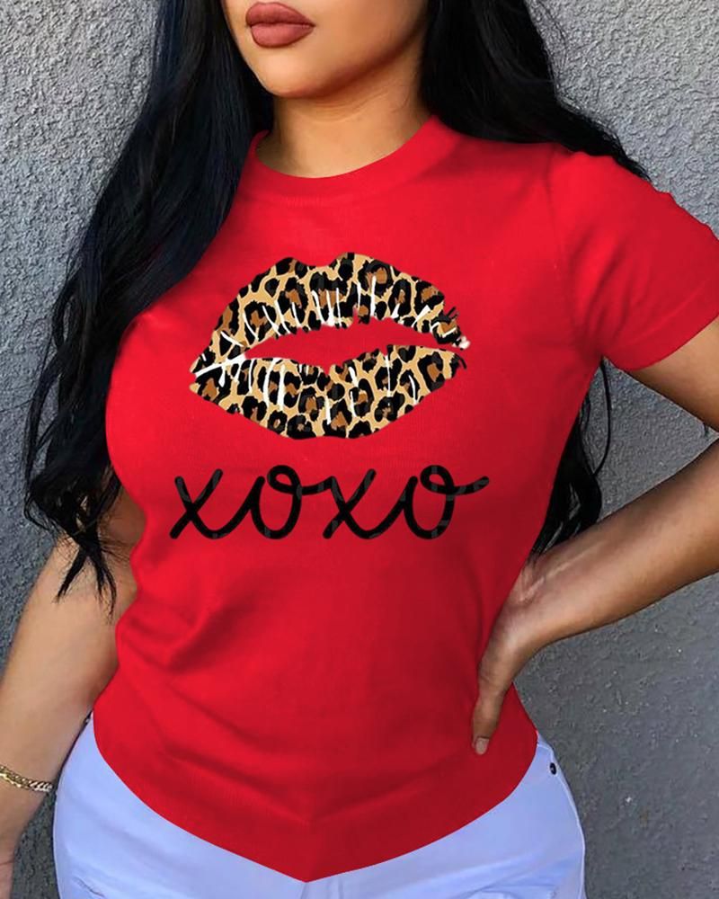 Leopard & Lips & Letter Print Round Neck Tee gallery 1