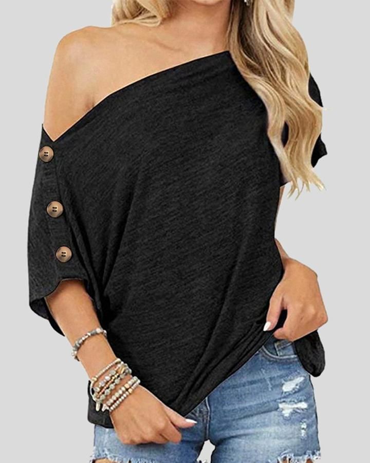 Solid Button Side Off Shoulder Top gallery 1