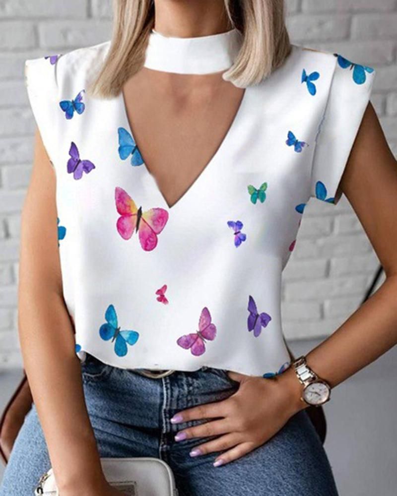 Butterfly Print Keyhole Neck Top gallery 1