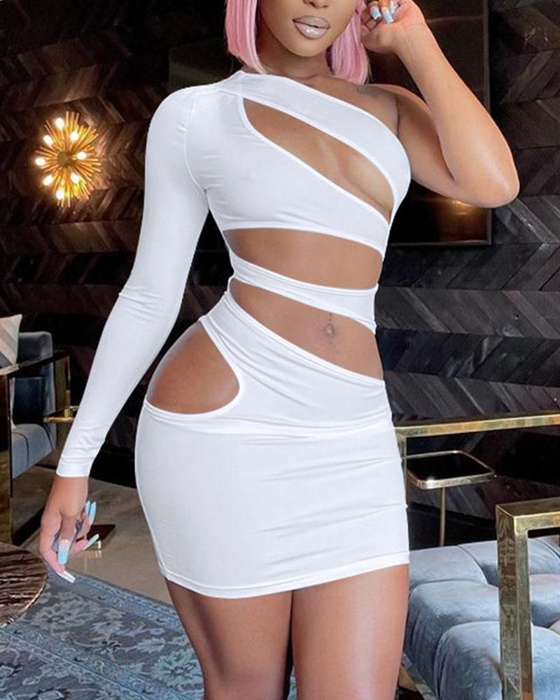 Flamingo Solid Cut Out One Shoulder Form Fitted Mini Dress