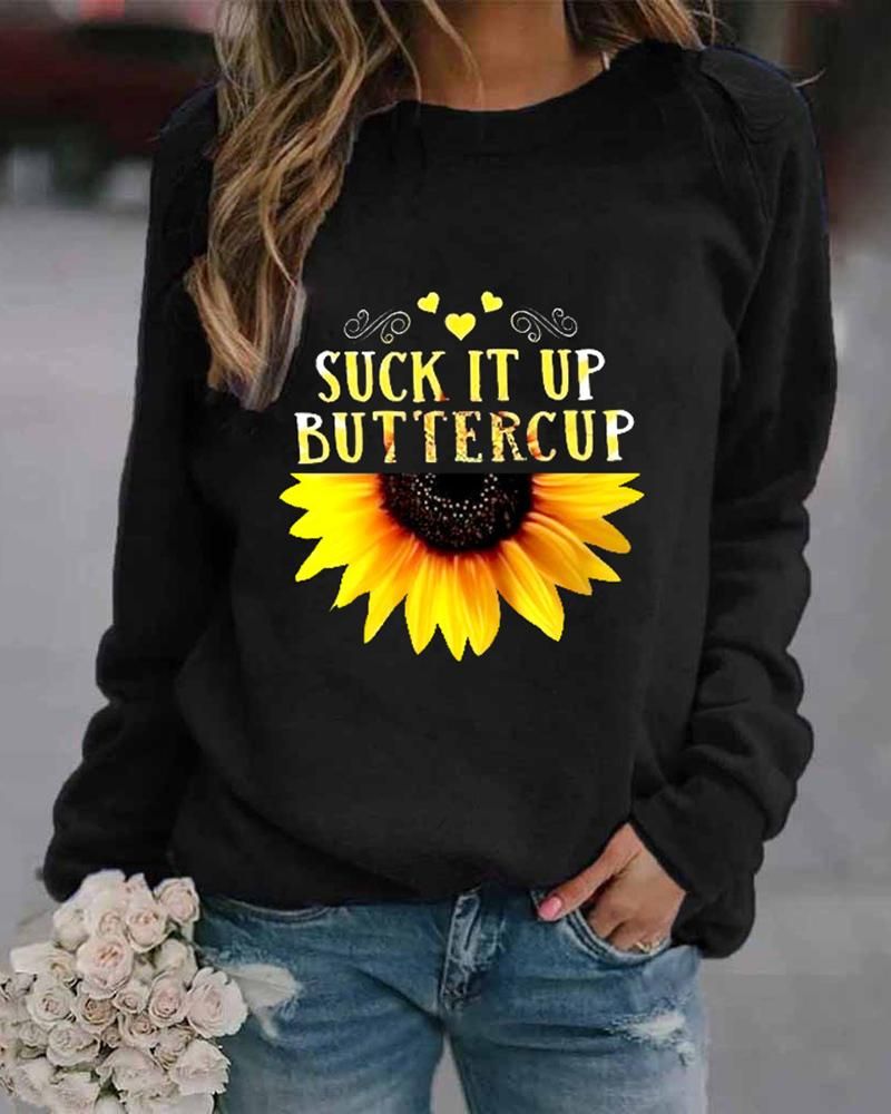 Letter & Floral Print Long Sleeve Round Neck Tee gallery 1