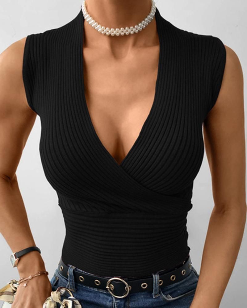 Solid Ribbed Overlap Bodycon Top  gallery 1
