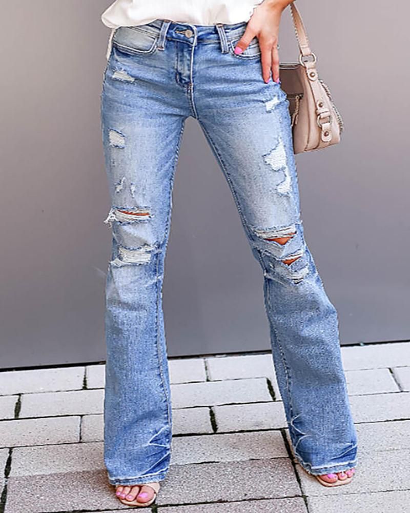 90s Vintage Ripped Mid Waist Flare Jeans gallery 1