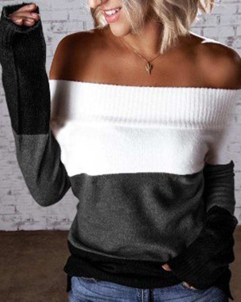 Colorblock Ribbed Knit Off Shoulder Sweater  gallery 1