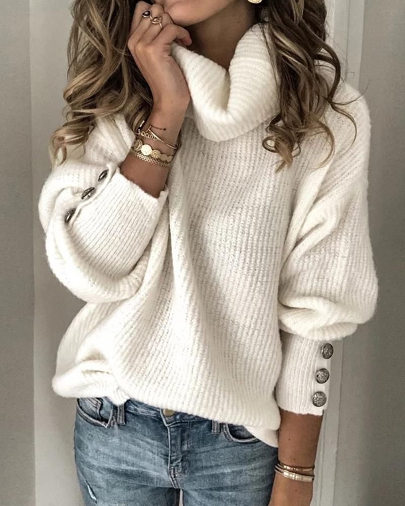 Solid Button Detail Ribbed High Neck Sweater gallery 1