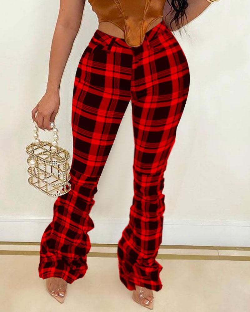Plaid Print Stacked High Waist Flare Pants gallery 1