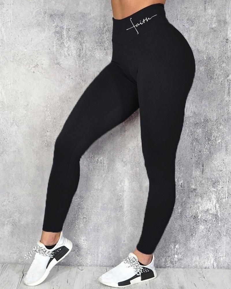 Letter Print Wide Waistband Butt Lifting Sports Leggings gallery 1