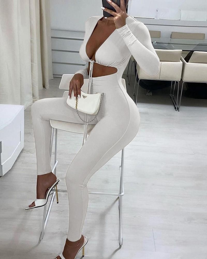 Solid Cut Out Tie Front Plunging Neck Jumpsuit gallery 1