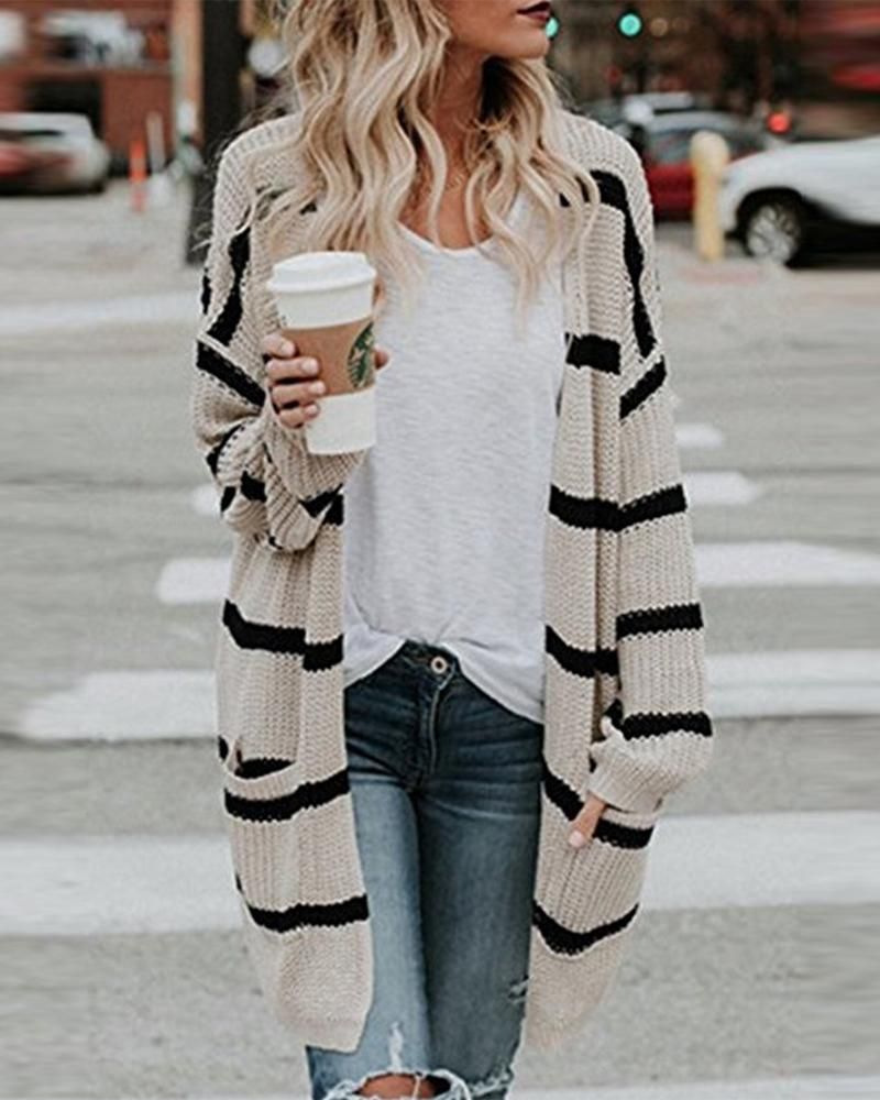 Striped Chunky Knit Dual Pocket Open Front Cardigan gallery 1
