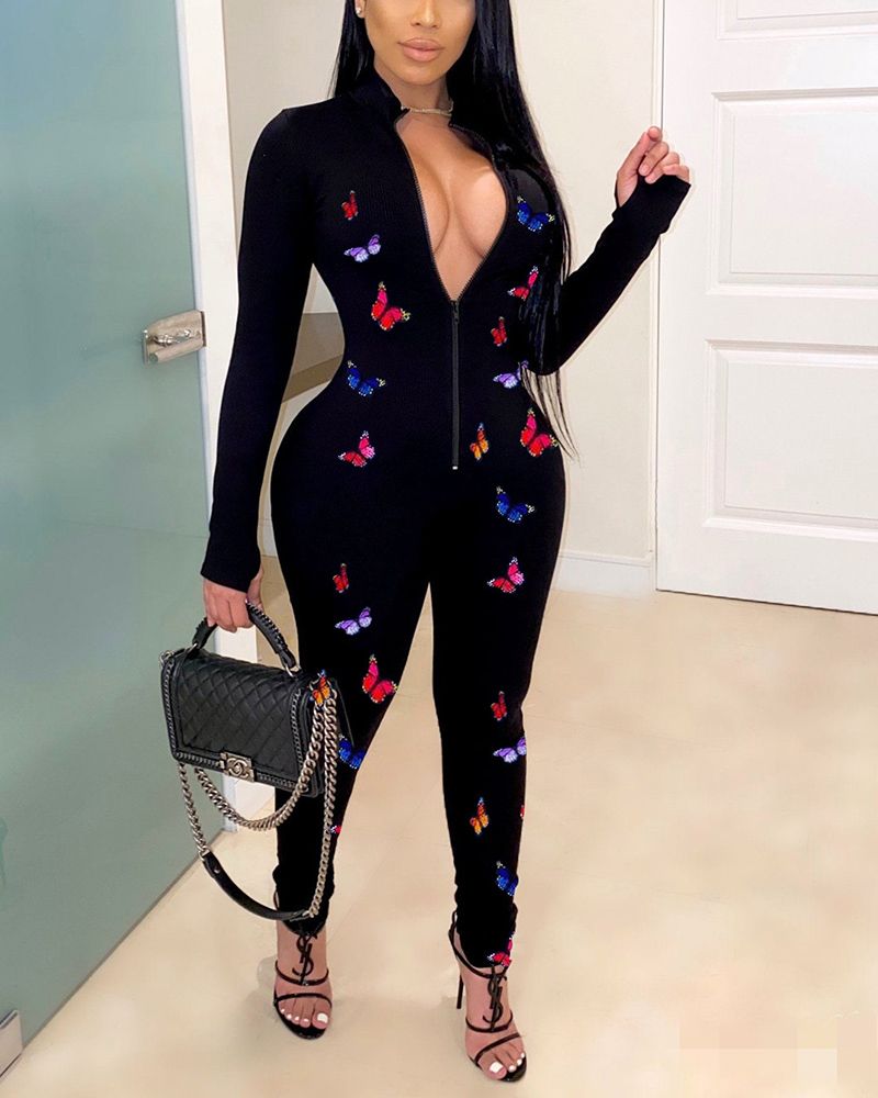 Butterfly Print Zip Up Long Sleeve Jumpsuit gallery 1