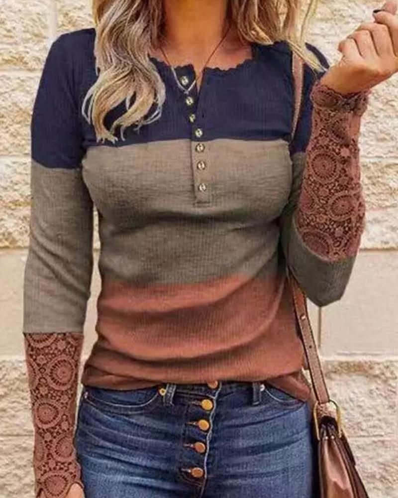 Striped Contrast Lace Button Front Sweater gallery 1