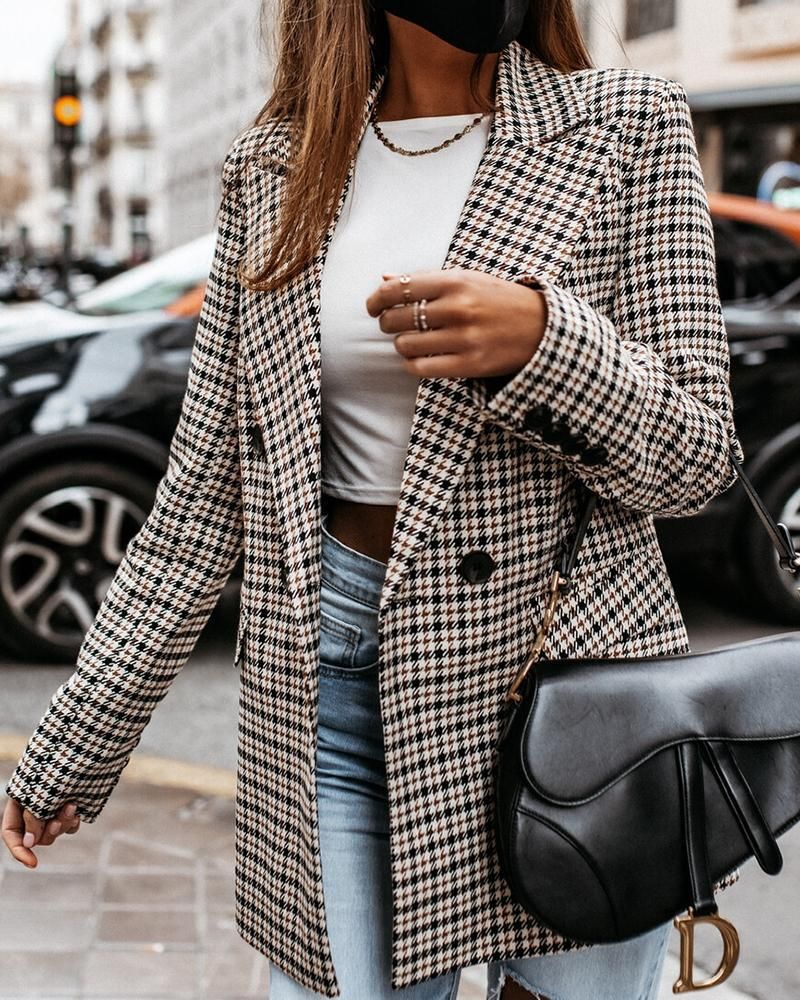 Plaid Print Double Breasted Lapel Neck Blazer gallery 1