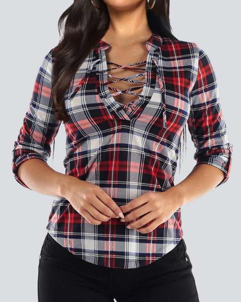 Plaid Print Lace Up Front Rolled Tab Sleeve Shirt gallery 1