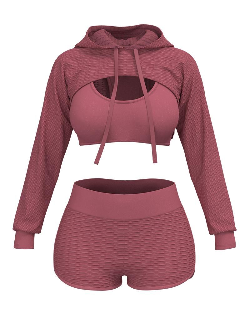 Solid Textured Drawstring Hooded 3 Piece Set gallery 1