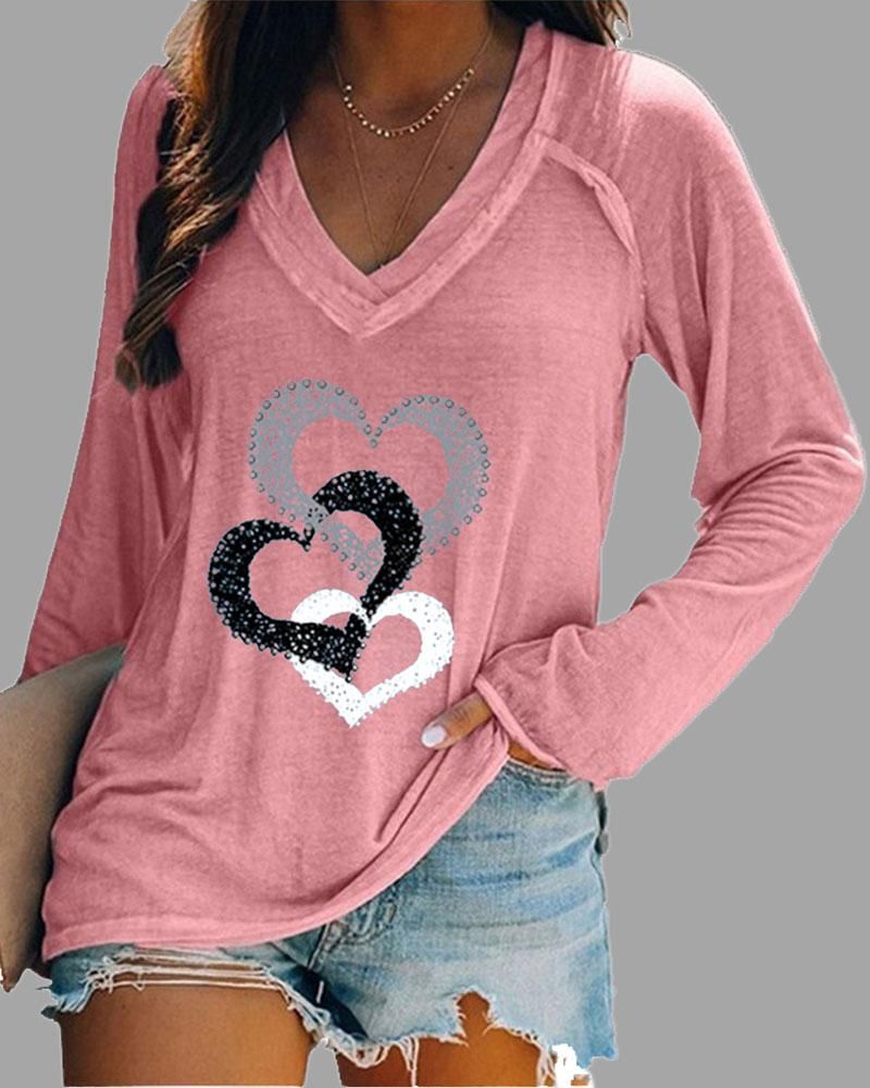 Flamingo Heart Pattern Print V Neck Top