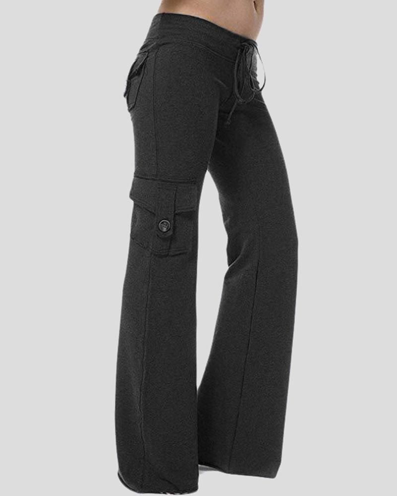 Solid Button Flap Pocket Drawstring Wide Leg Pants gallery 1