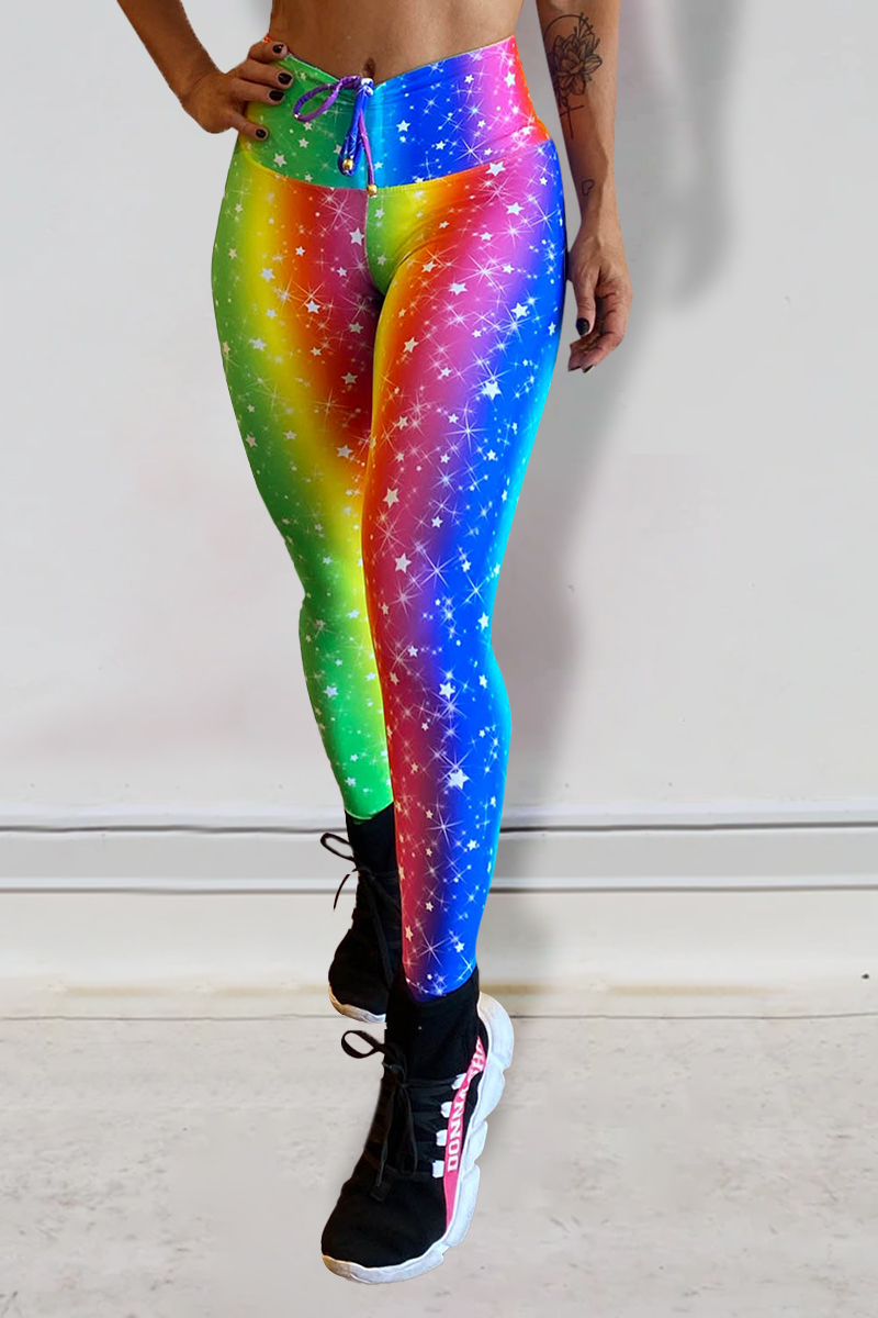 Rainbow & Starlight Print Knot Waist Sports Leggings