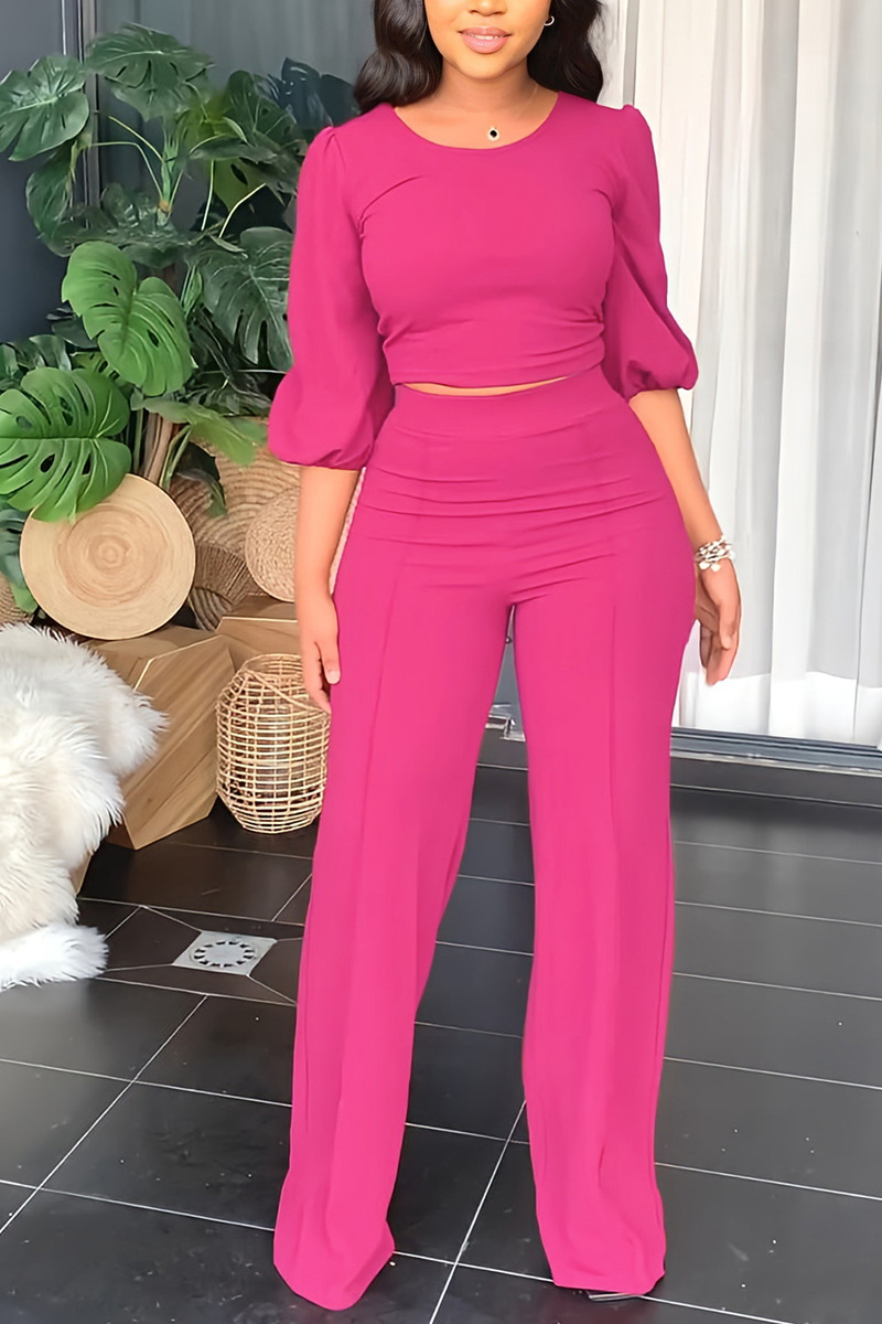 Solid Balloon Sleeve Top & Straight Leg Pants Set | Flamingo Shop