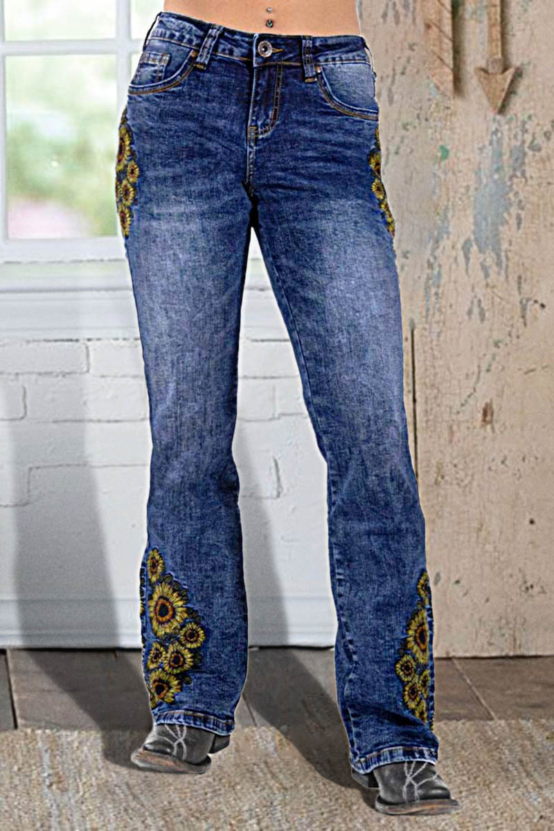 Sunflower Embroidery Mid Waist Bootcut Jeans Flamingo Shop