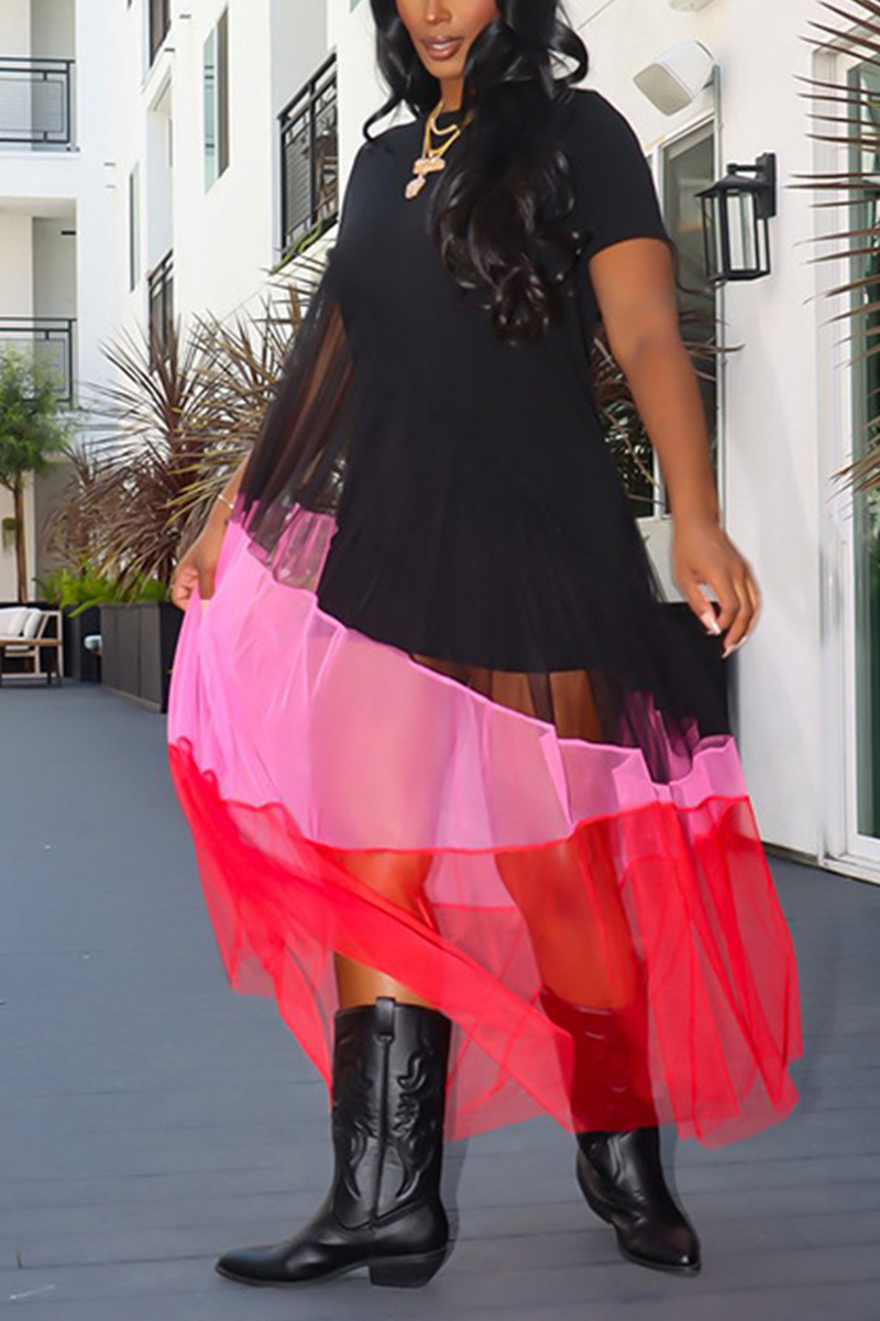 Colorblock Contrast Mesh Overlay Maxi Dress