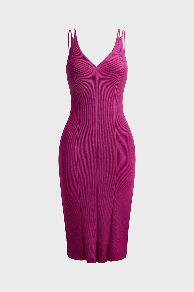 Ribbed Split Hem Strappy Detail Bodycon Dress