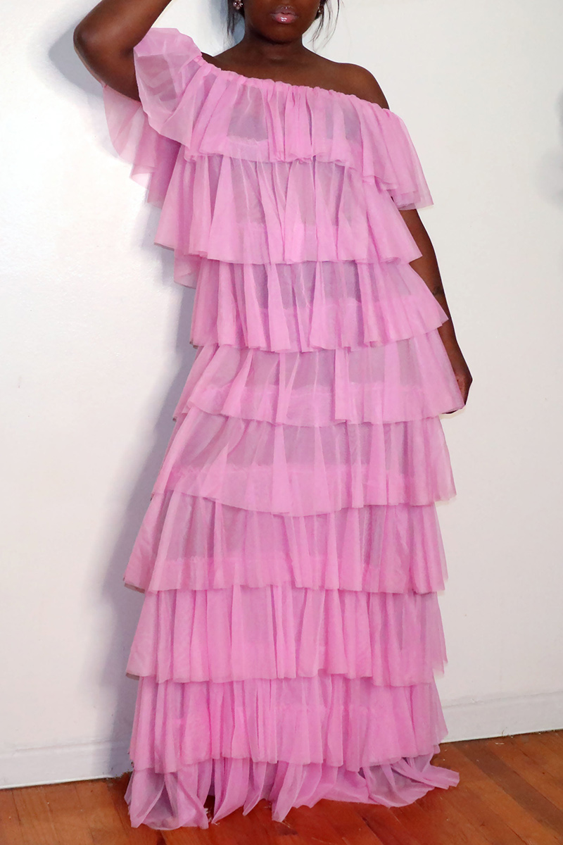 Off Shoulder Layered Hem Mesh Dress