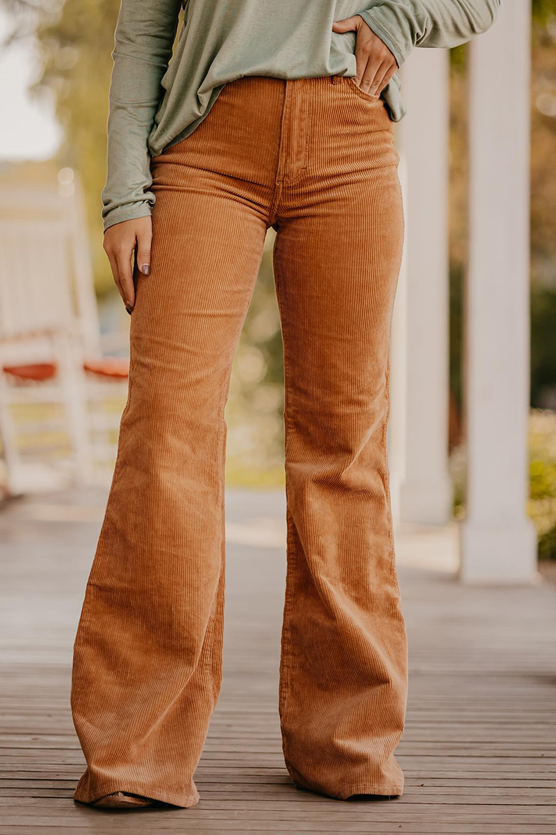Solid Corduroy Patched Back Mid Waist Flare Pants | Flamingals by