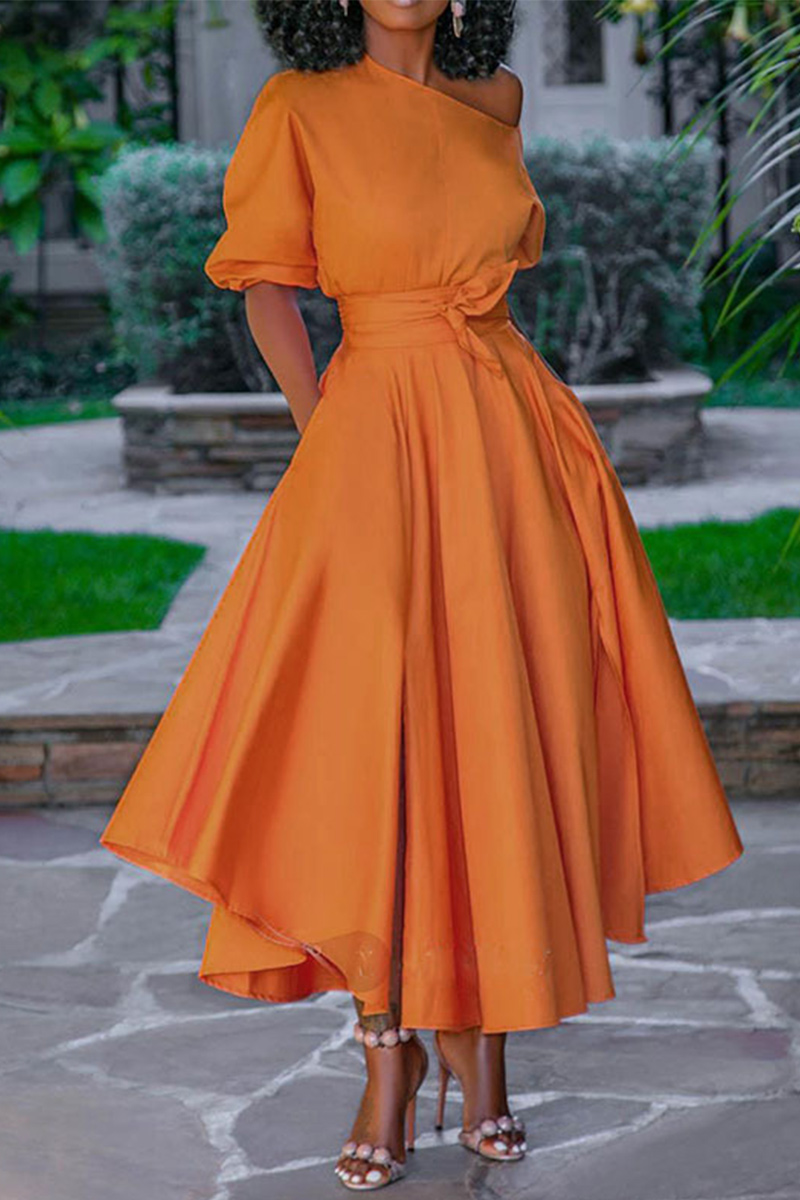 Solid Ruffle Hem Belted Midi Dress