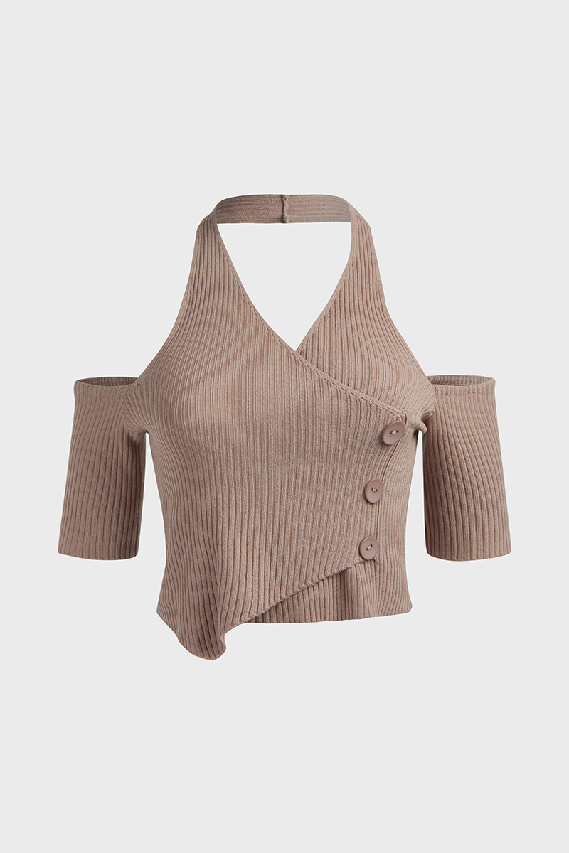 Rib-Knit Button Decor Asymmetrical Hem Halter Blouse