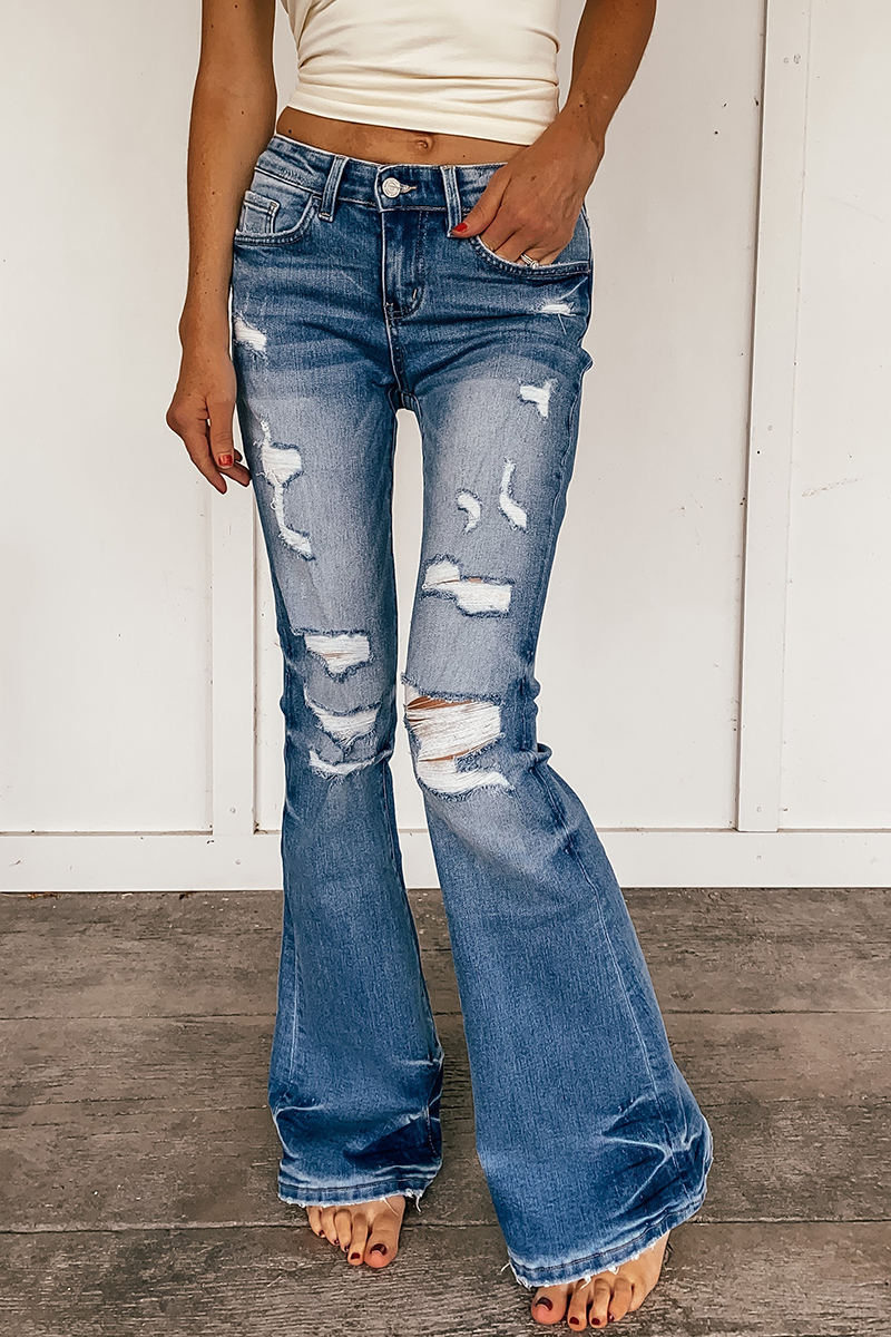 Mid Waist Ripped Flare Jeans | Flamingo Shop