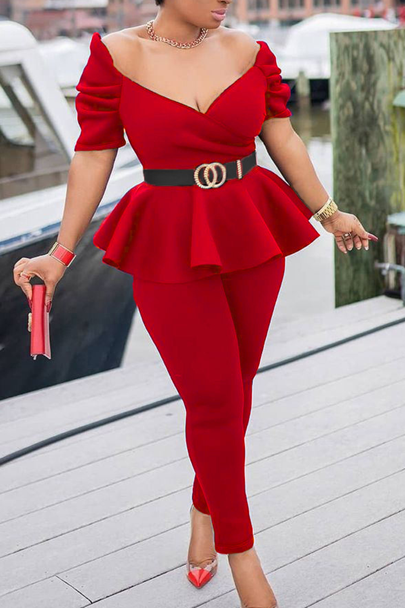 Solid Ruffle Trim Off Shoulder Top & Pants Set Without Belt | Flamingo Shop