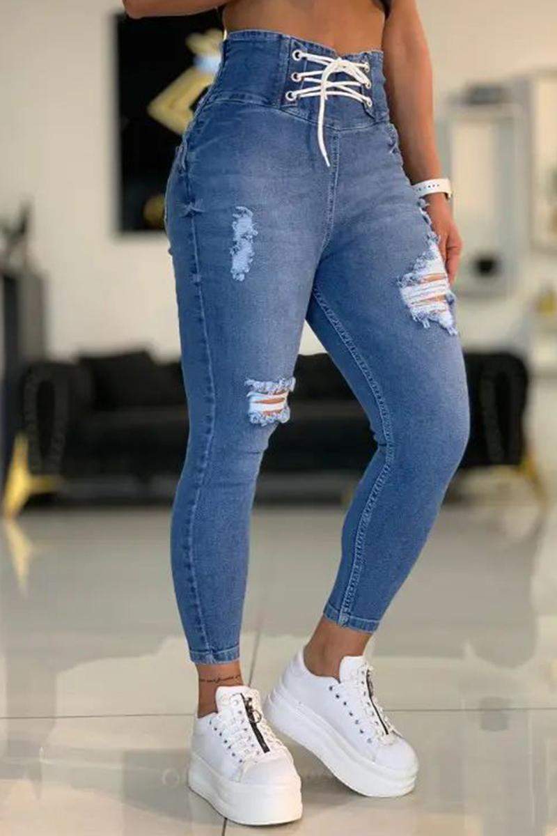 Ripped Lace Up Button Side Skinny Jeans | Flamingo Shop