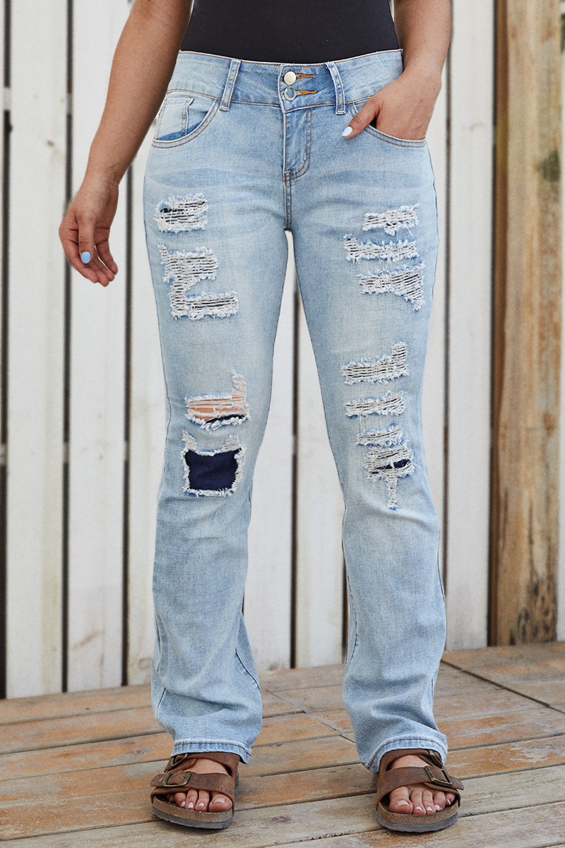 Patched Double Button Bootcut Jeans | Flamingo Shop