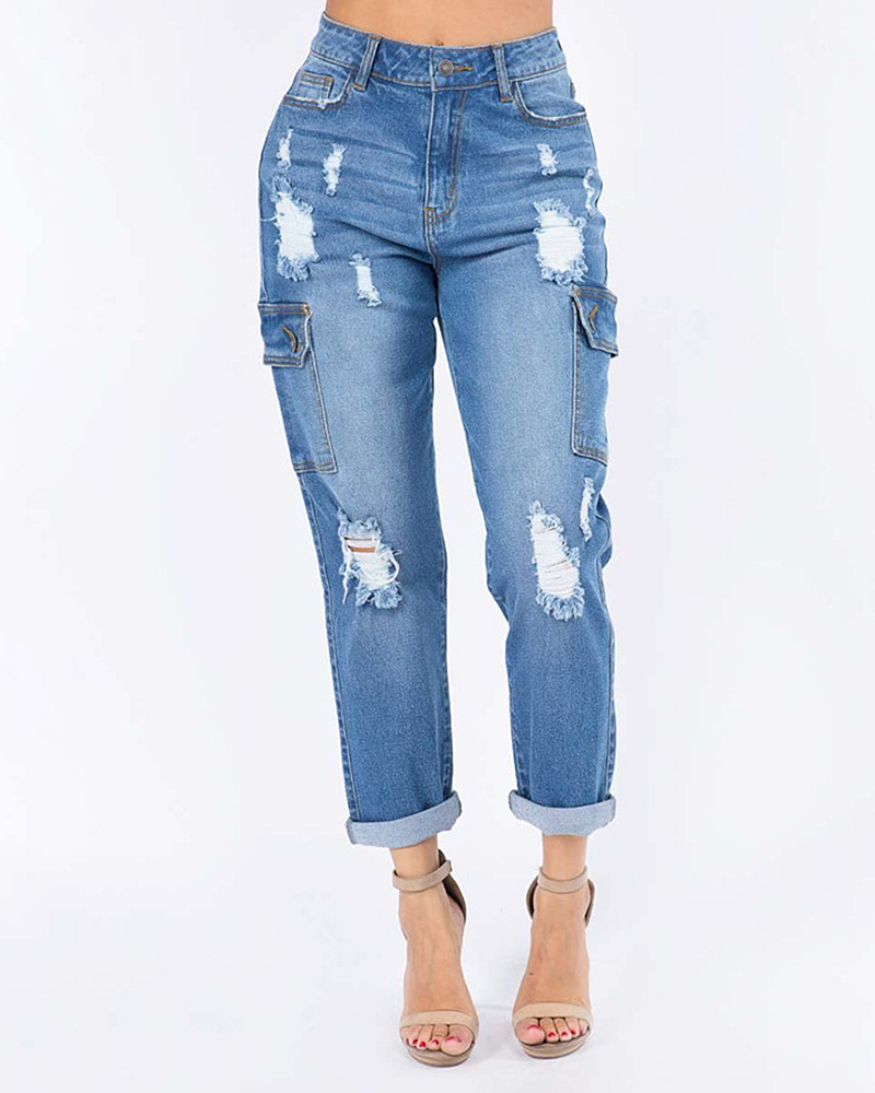Flap Pocket Ripped High Waist Cargo Jeans | Flamingo Shop
