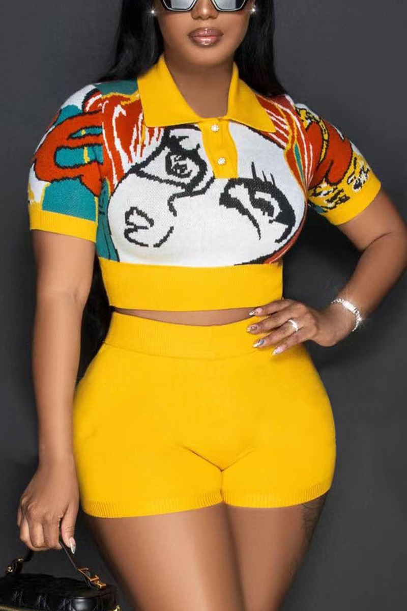 Cartoon Print Button Front Crop Top & Shorts Set | Flamingo Shop