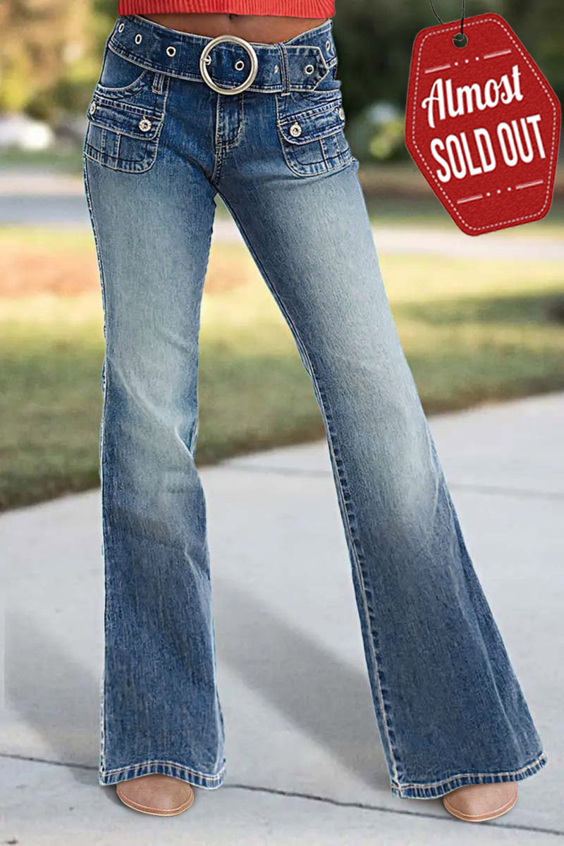 Buckle Belted Wash Stretchy Low Rise Flare Jeans