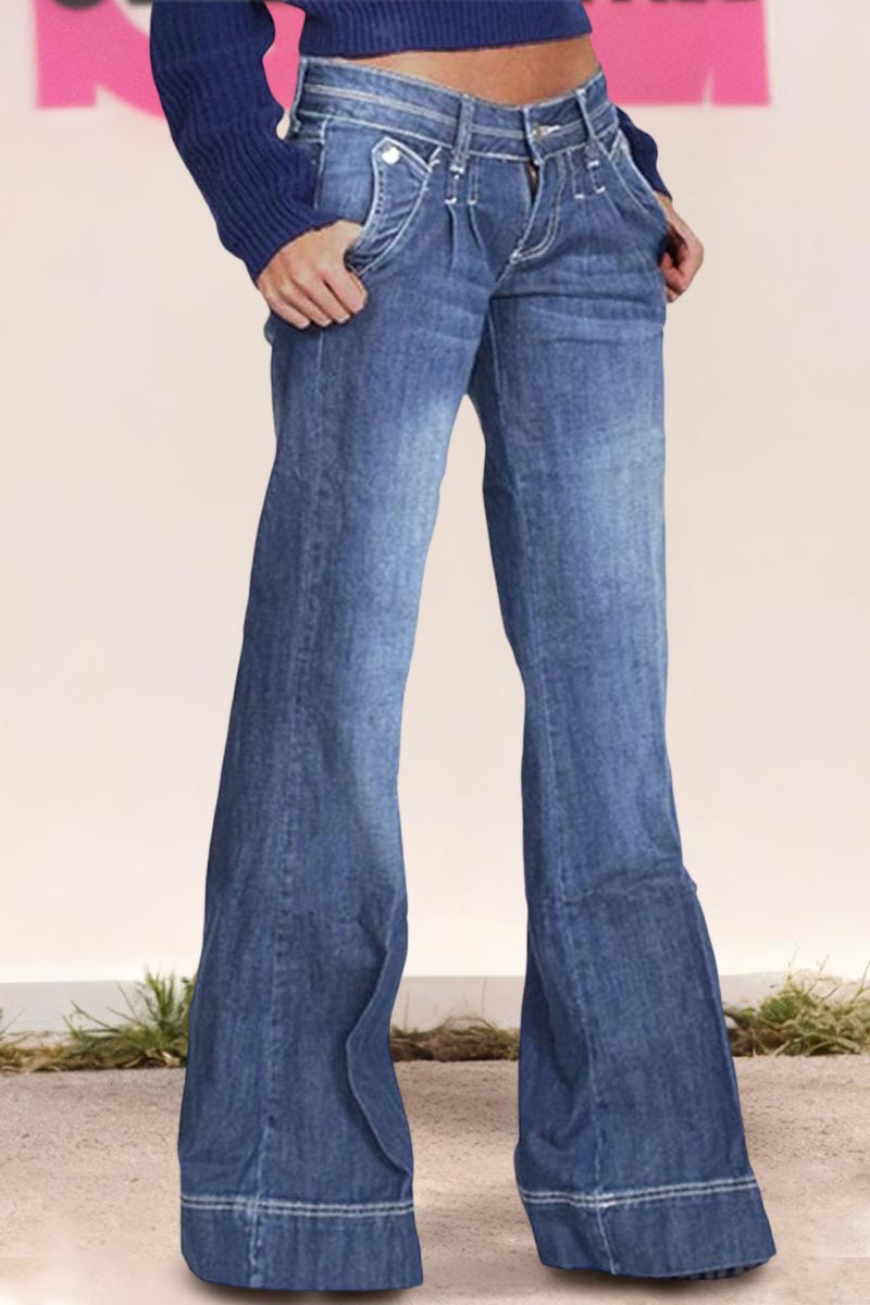 Pleated Pocket Detail Low Waist Flare Jeans | Flamingals by