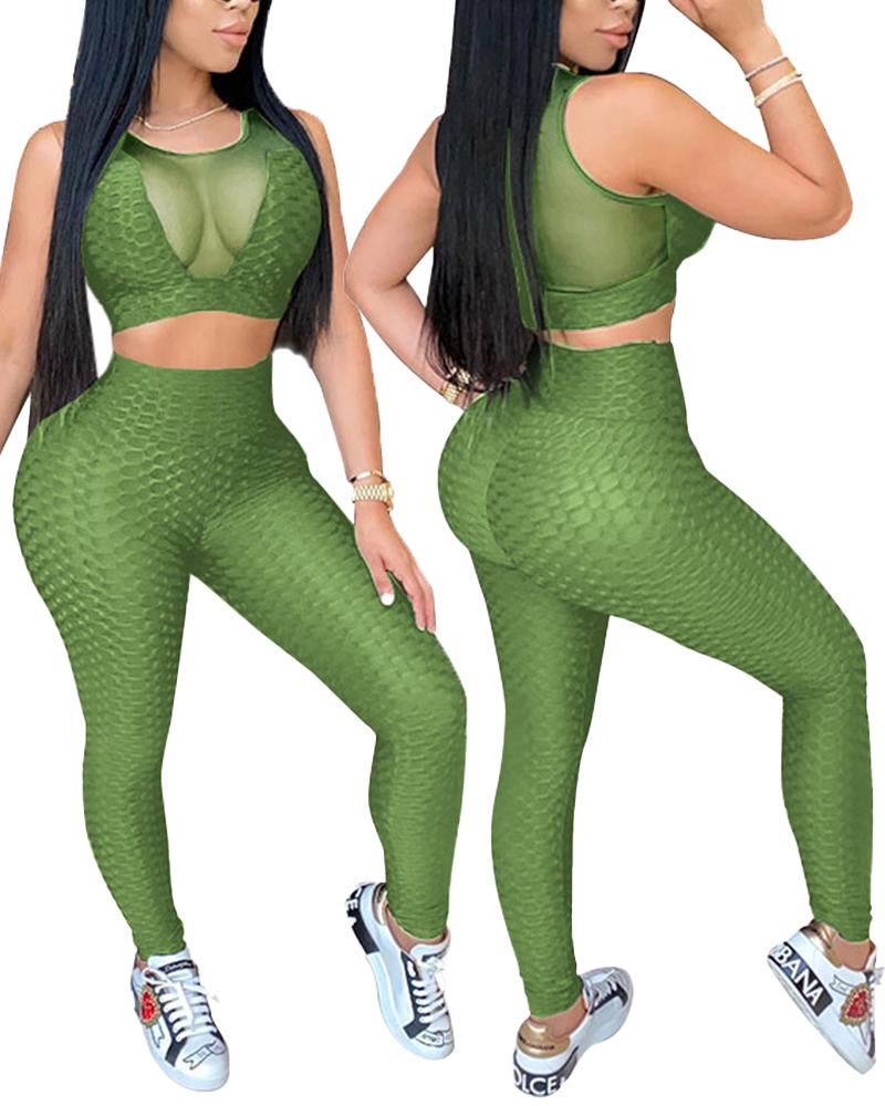 Textured Sheer Mesh Insert Crop Sports Tank Top & Leggings Set