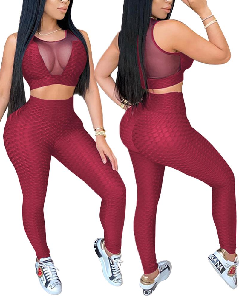 Textured Sheer Mesh Insert Crop Sports Tank Top & Leggings Set